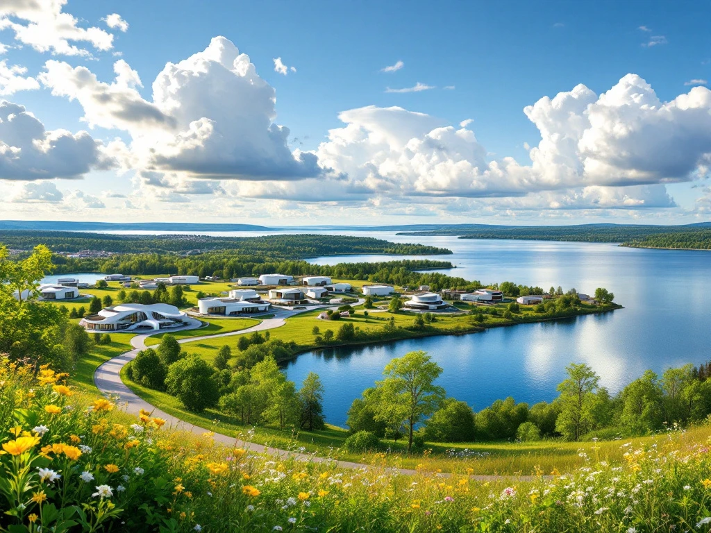 Panoramic summer view of Alajärvi with blue lake, Alvar Aalto modernist buildings, and evening light on Finnish landscape