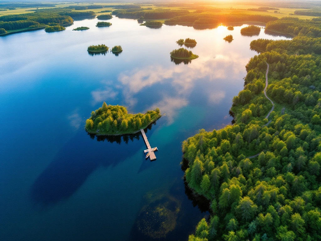 Finnish lake landscape in summer: blue waters, green forests, wooden dock with canoe, and hiking trail in golden evening light