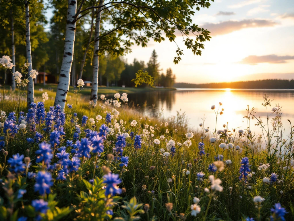 Finnish lakeside at golden hour with midnight summer sun illuminating wildflowers, birch trees, and Aalto-inspired architecture at Alajärvi