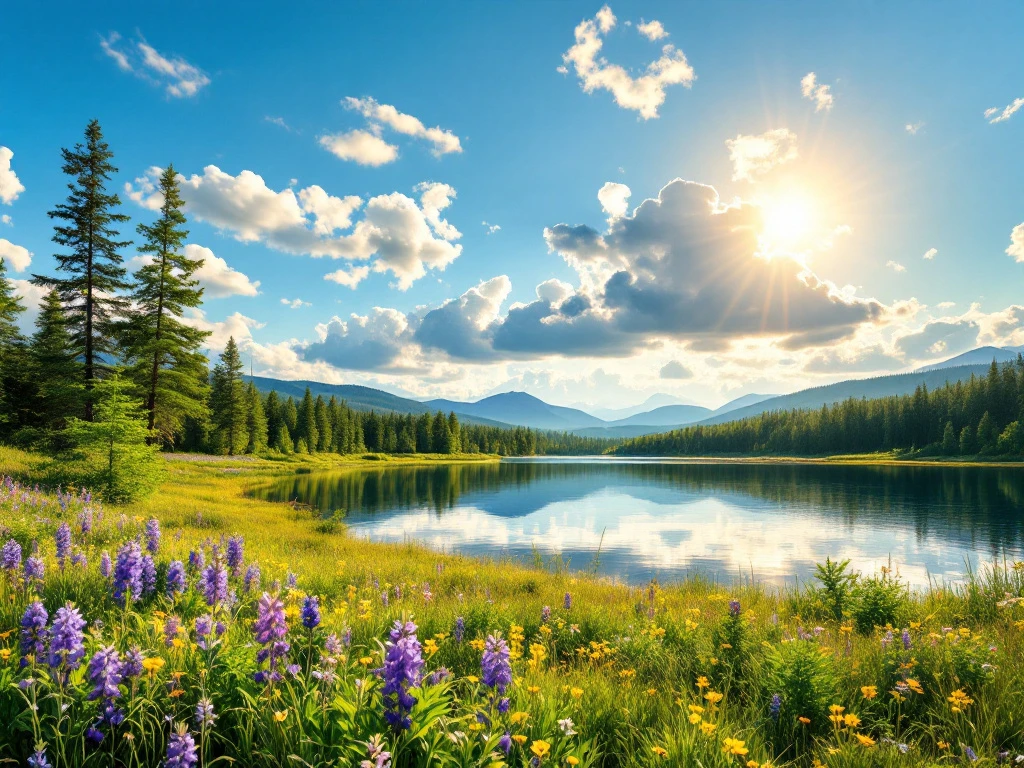 Serene summer landscape of Alajärvi, Finland at golden hour; lake reflecting sky, pine forests, colorful wildflowers, and distant hills