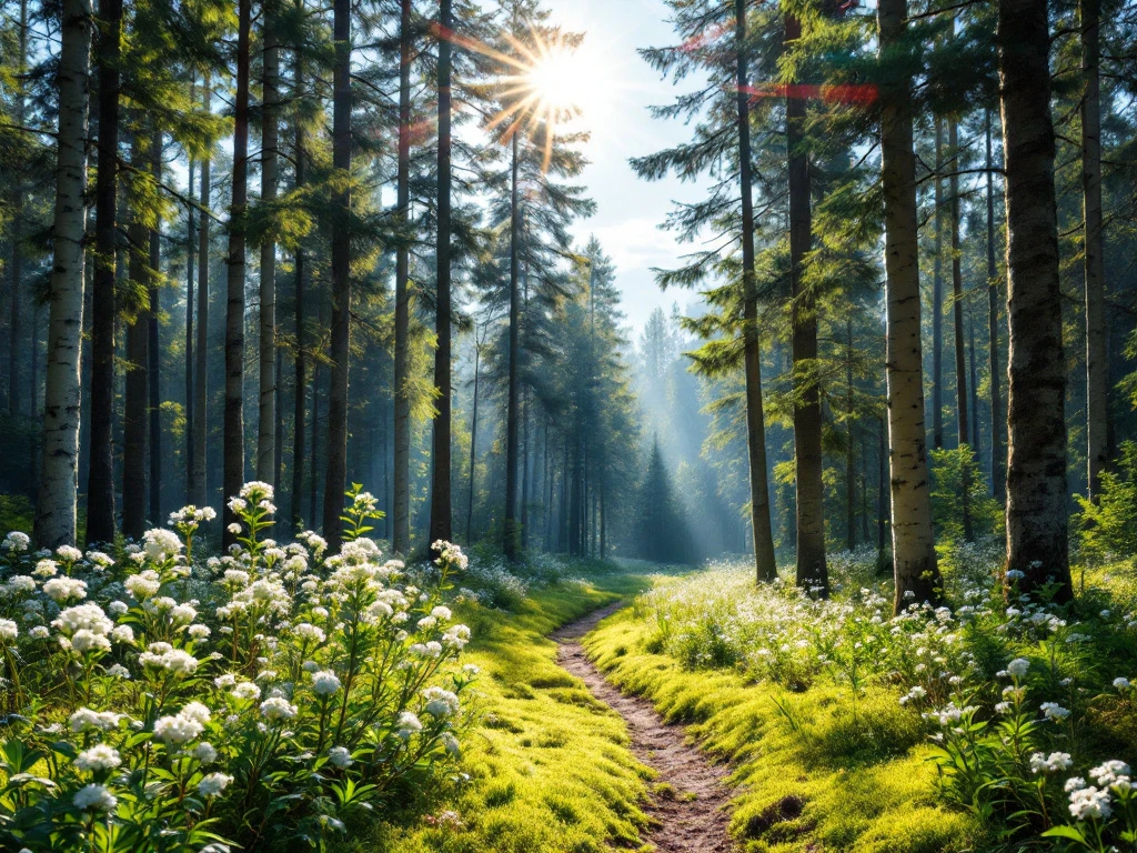 Sunlit Finnish midsummer forest with pine and birch trees, green moss floor, wildflowers, and a winding path beneath golden sunbeams piercing the canopy.