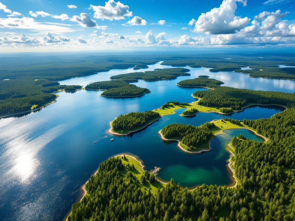 Aerial panorama of Finnish lake district in summer with pristine blue waters, lush green islands, and dense forests under a cloud-dotted sky.