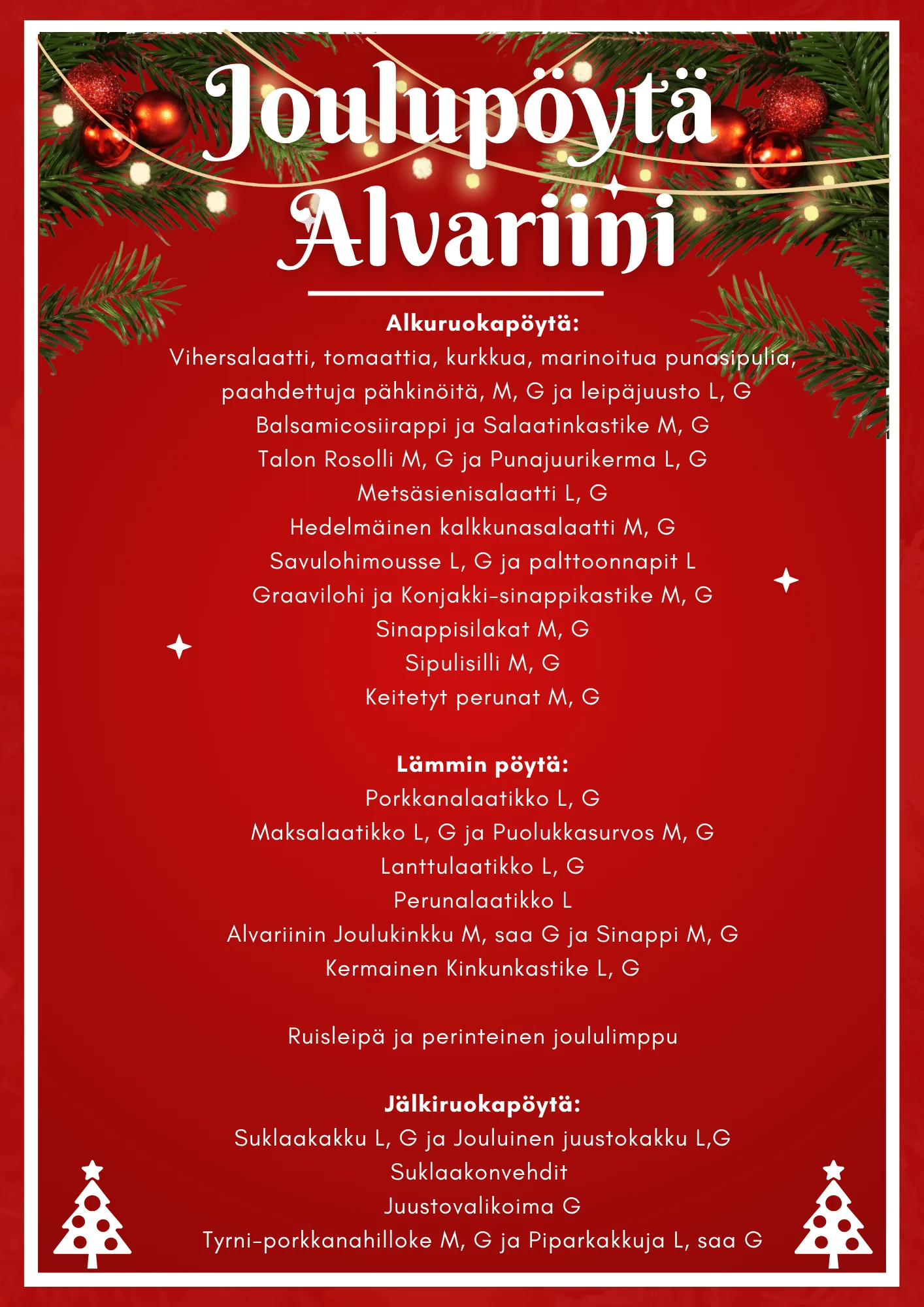 Alvariini joulupöytä menu pikkujoulut 2025