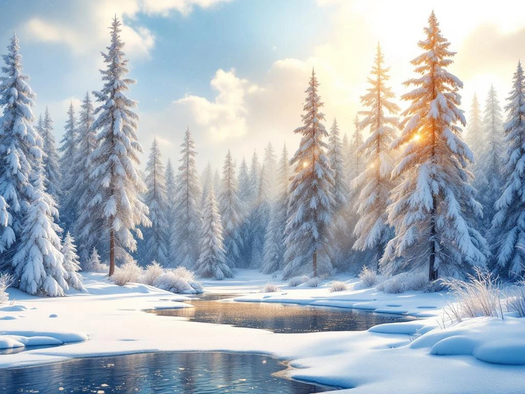 Talvinen metsämaisema Suomessa: lumisia mäntyjä ja kuusia, kultaista auringonvaloa, osittain jäätynyt järvi